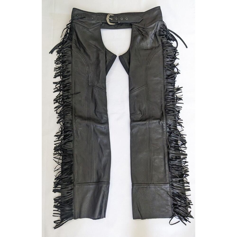 Harley-Davidson Women's Boone Fringed Legs Leather Chaps Black L Large New Logo - Picture 2 of 10